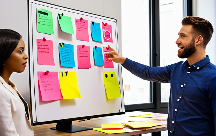 Value Proposition Canvas in Action**
Prompt: A brightly colored Value Proposition Canvas diagram spread across a table in a modern, sunlit office. Two diverse professionals are intensely focused, pointing and gesturing at different sections of the canvas. Sticky notes in various colors surround the diagram. Laptops and coffee cups are scattered around, suggesting a brainstorming session. The overall mood is collaborative, innovative, and energetic. Focus on conveying the process of understanding customer needs and matching them with product features. Style: Modern, vibrant, slightly stylized.
**