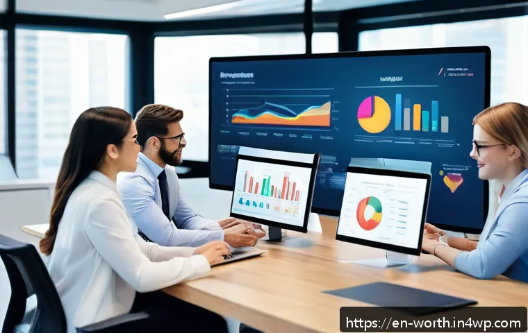 가치 제안 개발을 위한 데이터 분석 기법 - A modern office scene showing a diverse marketing team analyzing colorful digital dashboards filled ...