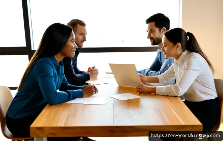 가치 제안 개발을 위한 팀 구성 방법 - Photorealistic diverse startup team of five professionals collaborating around a clean wooden confer...